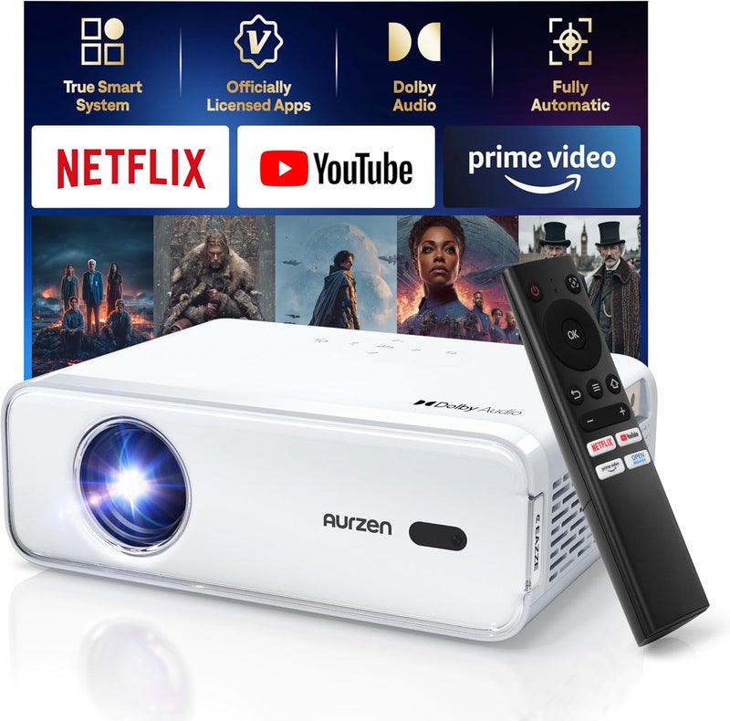 Aurzen EAZZE D1 Smart Projector with WiFi and Bluetooth, Netflix-Officially-Licensed, Auto Focus & Keystone, DoIby Audio, Native 1080P Movie, Portable Outdoor Mini Projector, White - Image 1